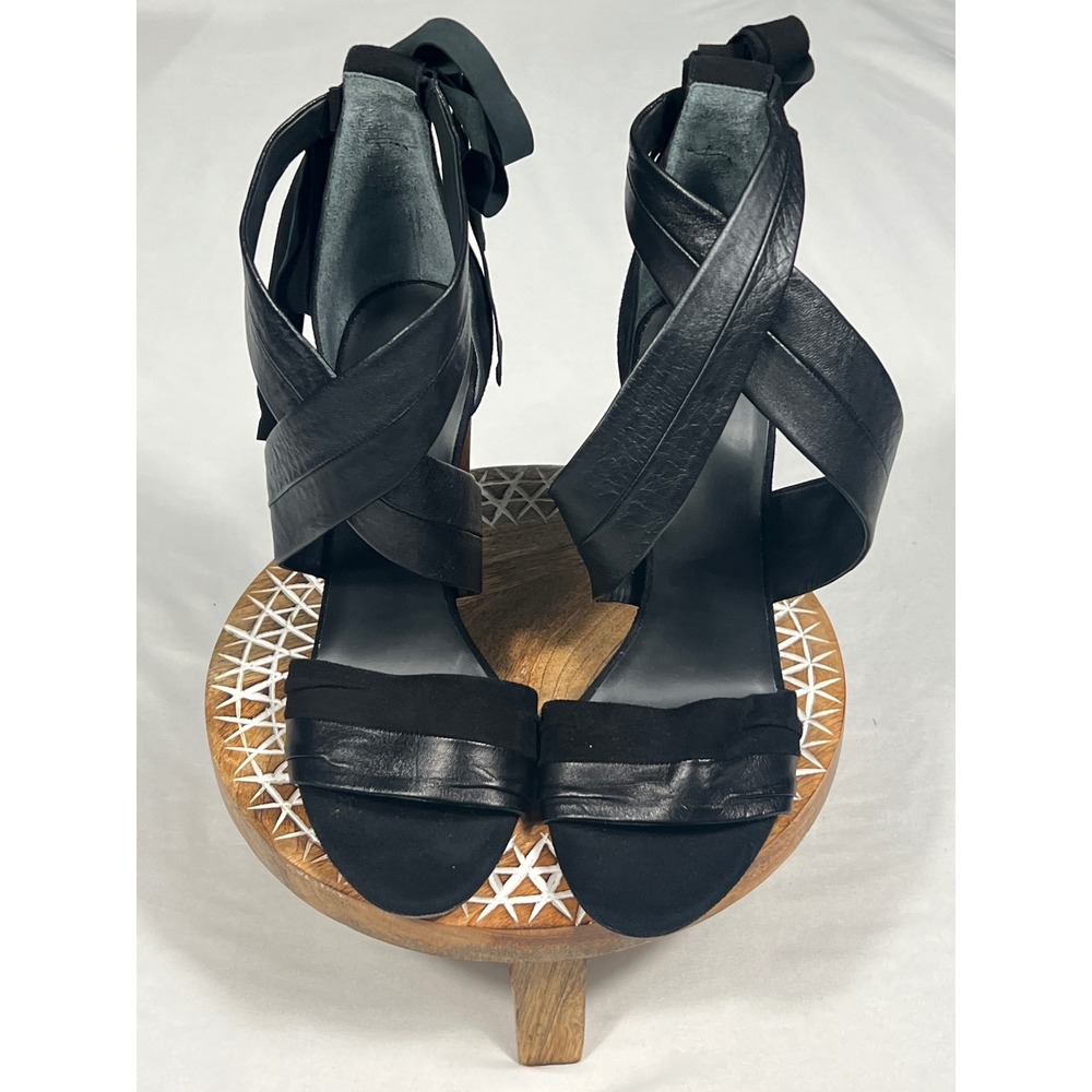 Vince Black Leather Suede Ribbon Tie Wood Block Heel Sandals Made in Italy 9.5M